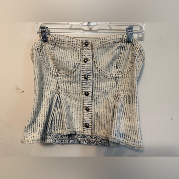 Anthropologie Pilcro Denim Peplum Corset Top Faux Button Raw Hem Stripe Small - Picture 1 of 5